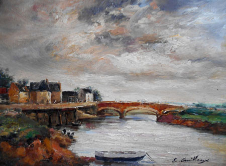 306-T1 | 20cm x 25cm | pont sur rivière et vilage 